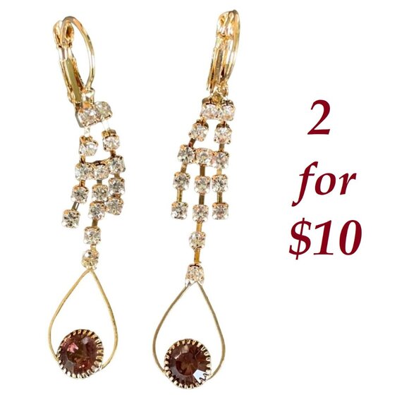 Dangling Goldtone Earrings With Clear and Brown Rhinestones by Jin Na La - Picture 1 of 6